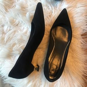 Black Stuart Weitzman Pointed Toe with Gold Heels